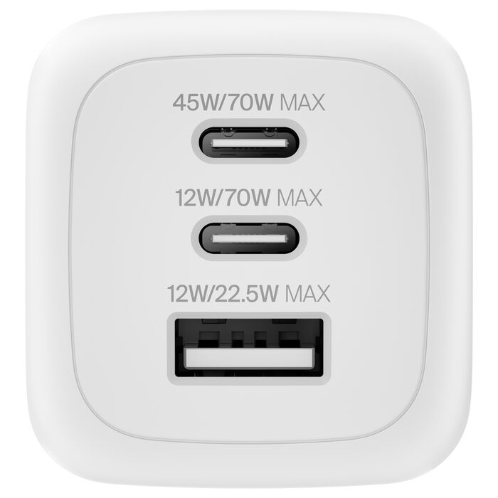 Cargador de pared – Belkin BoostCharge Pro – 3 Puertos – GaN – 70W – USB‑C/USB‑A – Blanco (WCH018dqWH)