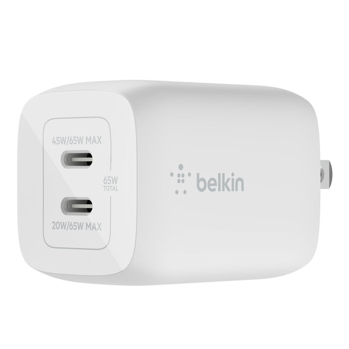 Adaptador de Corriente Belkin WCH013dqWH PPS + GaN 65W 2 Puertos USB-C Blanco