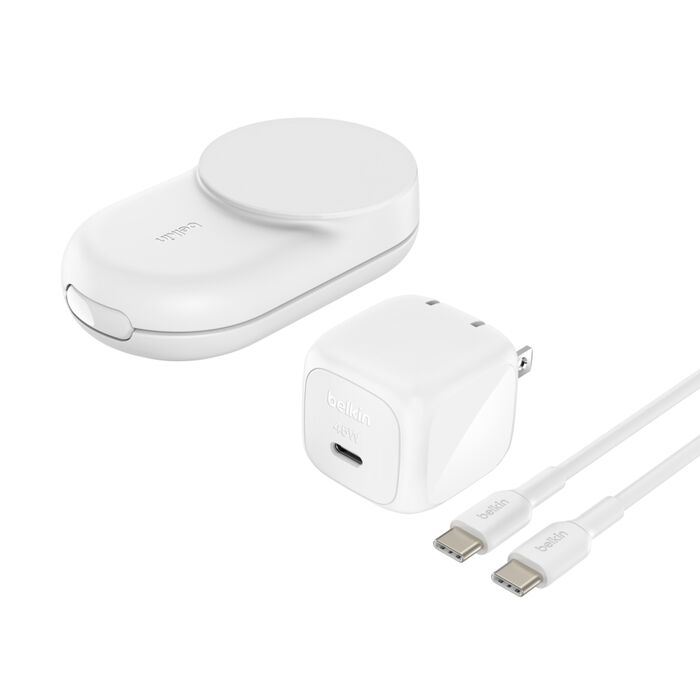 Cargador inalámbrico – Belkin UltraCharge – 3 en 1 – Plegable magnético – Qi2 25W – Blanco – Round Form (WIZ037ttWH)