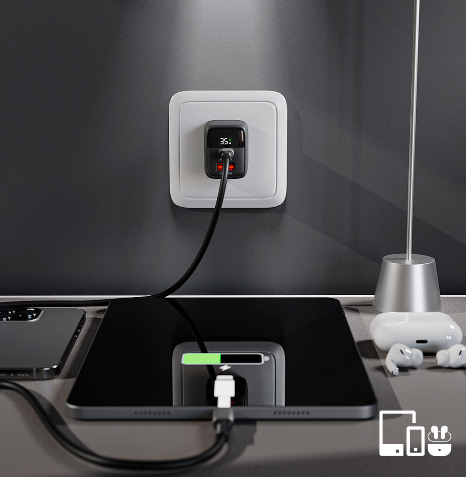Cargador de Pared GaN – 35W Klip Xtreme KMC‑250 – USB‑C + USB‑A – Para Smartphones y Tablets