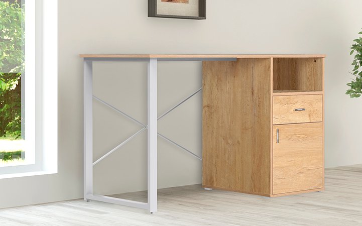 Escritorio Rectangular Madera/Acero/PVC Beige Madera Base Blanca Xtech