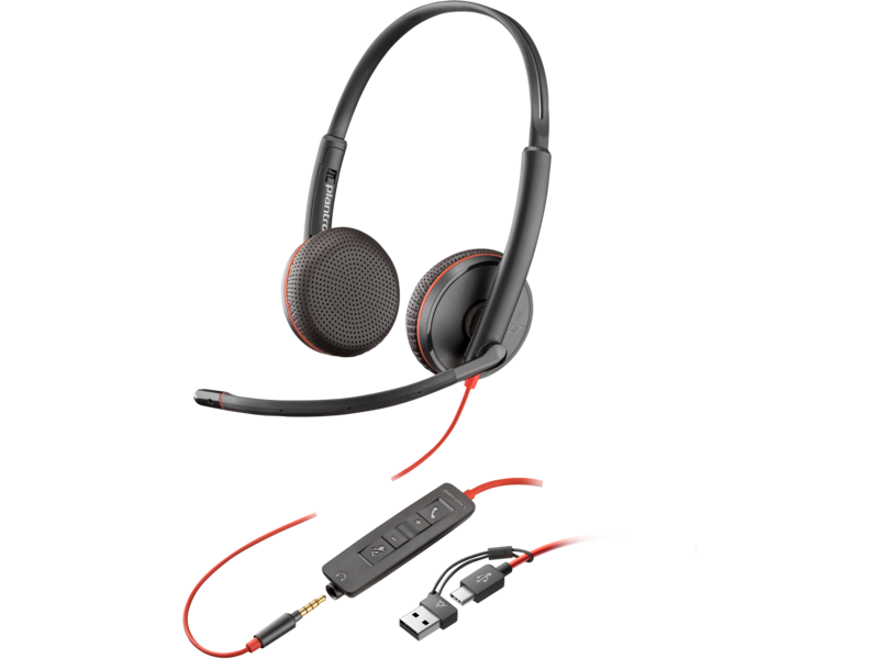 Auriculares estéreo Poly Blackwire 3225 USB-C, con micrófono y adaptador USB-A – 8X229A6