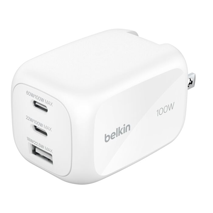 Cargador de pared – Belkin BoostCharge Pro – 3 Puertos – GaN – 100W – USB‑C/USB‑A – Blanco (WCH016dqWH)