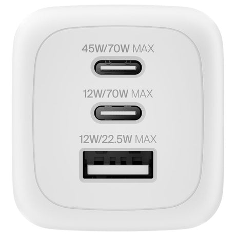 Cargador de pared – Belkin BoostCharge Pro – 3 Puertos – GaN – 70W – USB‑C/USB‑A – Blanco (WCH018dqWH)