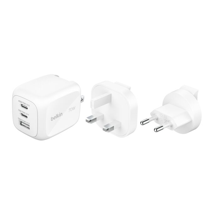 Cargador Belkin GaN 70W – Triple Puerto (2× USB‑C + 1× USB‑A) – WCH018fqWH – Blanco