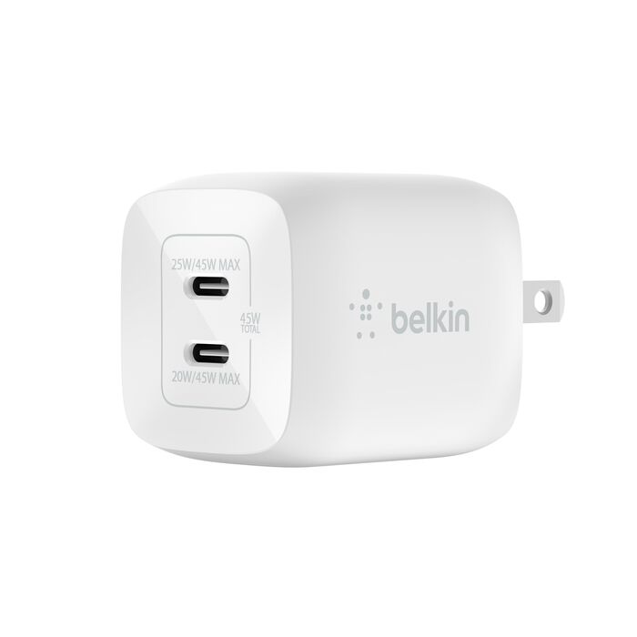 Adaptador de Corriente Belkin BoostCharge GaN + PPS 45W – 2 Salidas USB-C – Blanco WCH011dqWH