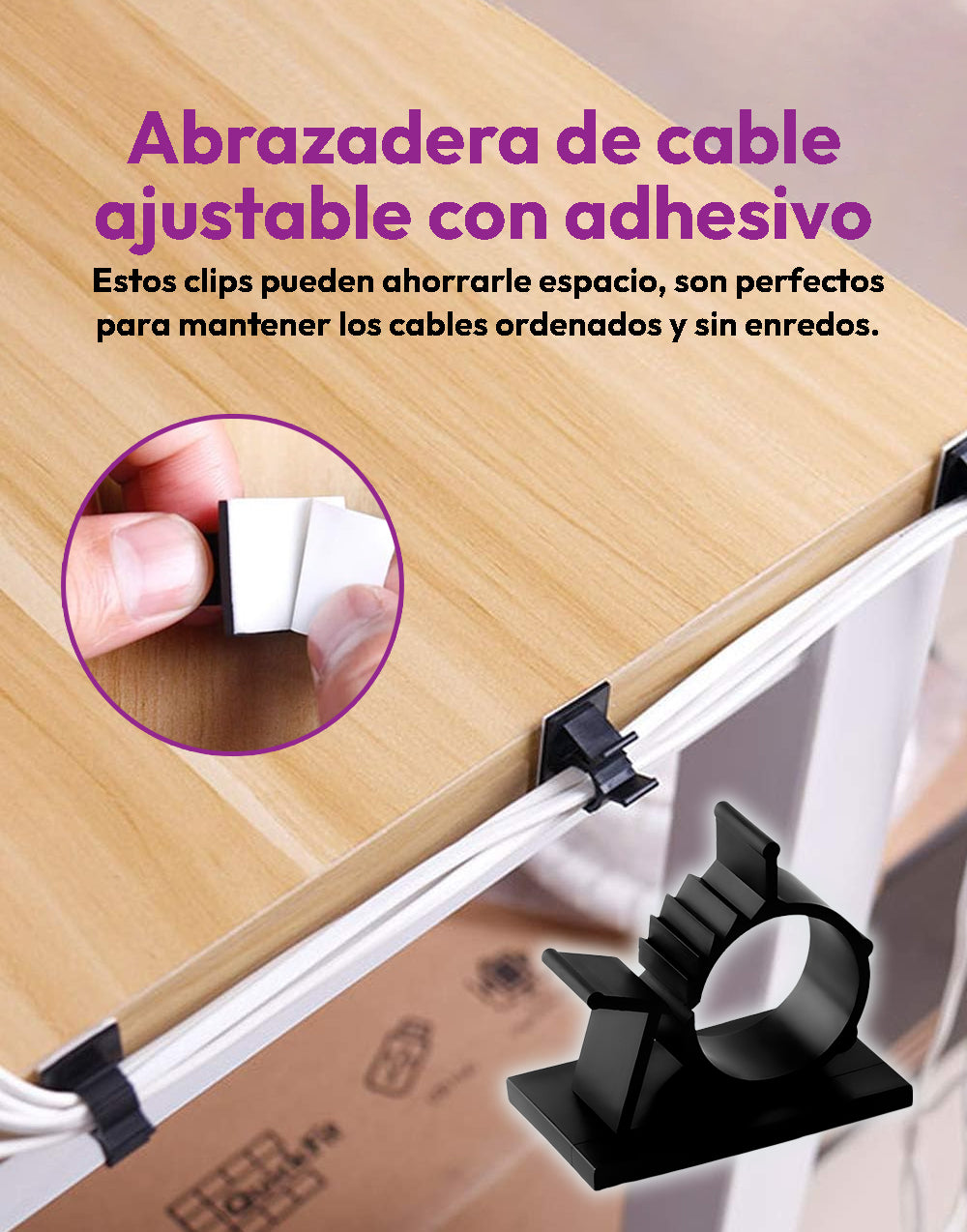 Abrazadera de cable ajustable con fondo adhesivo