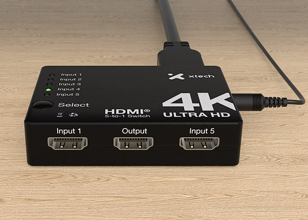 Switch HDMI 5 entradas / 1 salida – 4K UHD Xtech XHA‑430 – Control remoto – Negro