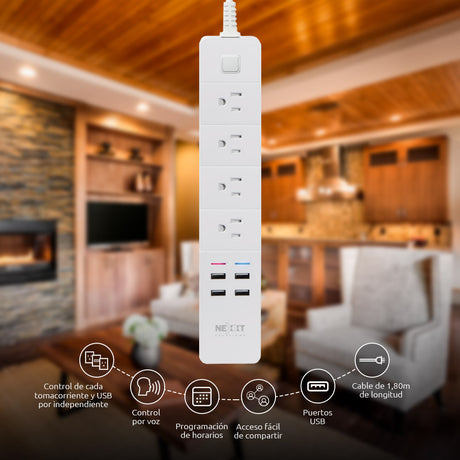 Regleta Inteligente Wi‑Fi Nexxt Solutions NHP‑E610 – 4 Tomas + 4 Puertos USB – 1875W – Compatible Alexa/Google