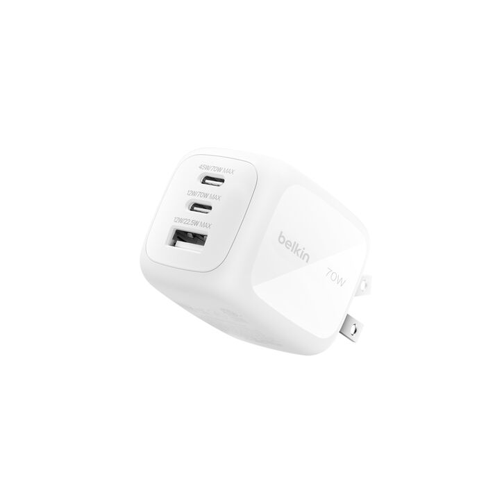 Cargador de pared – Belkin BoostCharge Pro – 3 Puertos – GaN – 70W – USB‑C/USB‑A – Blanco (WCH018dqWH)  