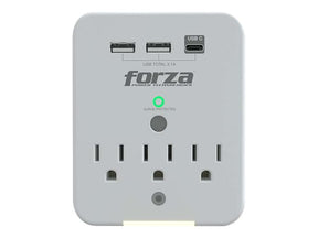 Protector de Sobretensiones Forza FWT‑331USBC – 3 Tomas – USB Tipo A + C – 125V – Luz Nocturna Automática