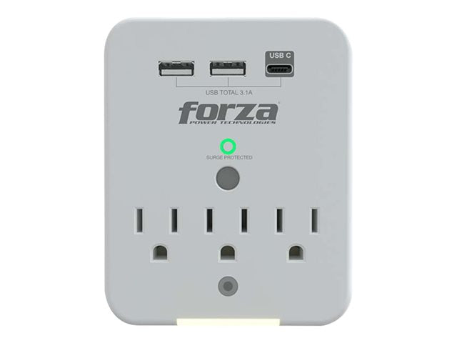 Protector de Sobretensiones Forza FWT‑331USBC – 3 Tomas – USB Tipo A + C – 125V – Luz Nocturna Automática