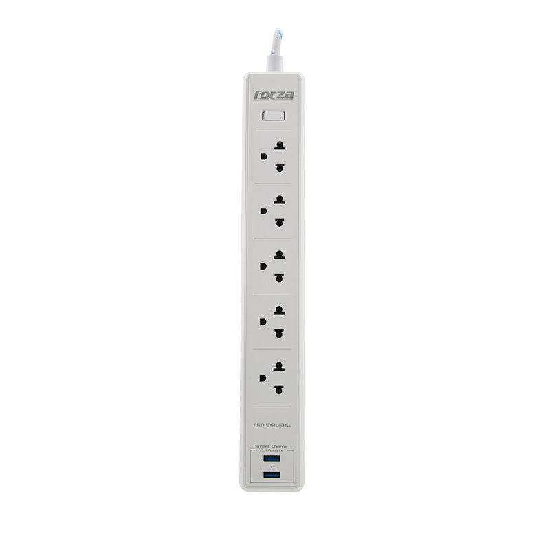 Regleta Forza con Protección – 5 Tomas + 2 USB – 5ft – Blanco – 110/220V