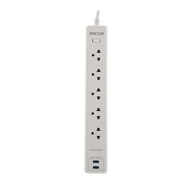 Regleta Forza con Protección – 5 Tomas + 2 USB – 5ft – Blanco – 110/220V